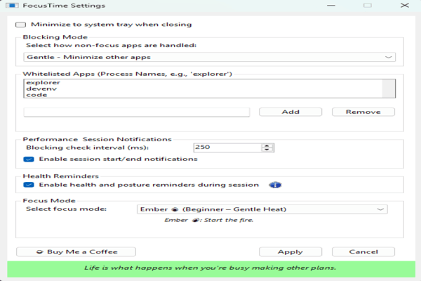 FocusTime Settings Panel on Windows